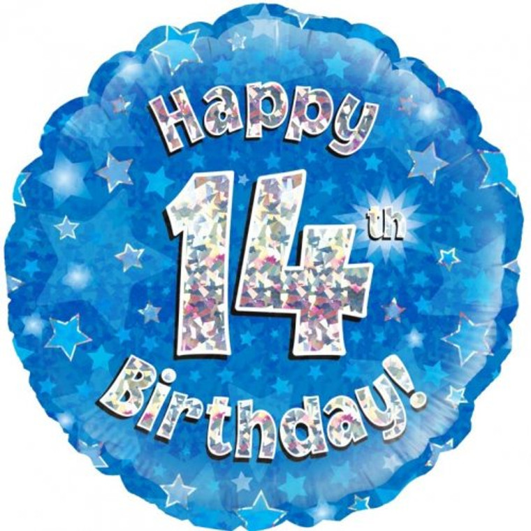 Foil Balloon 18" Blue Holographic Happy Birthday 14TH