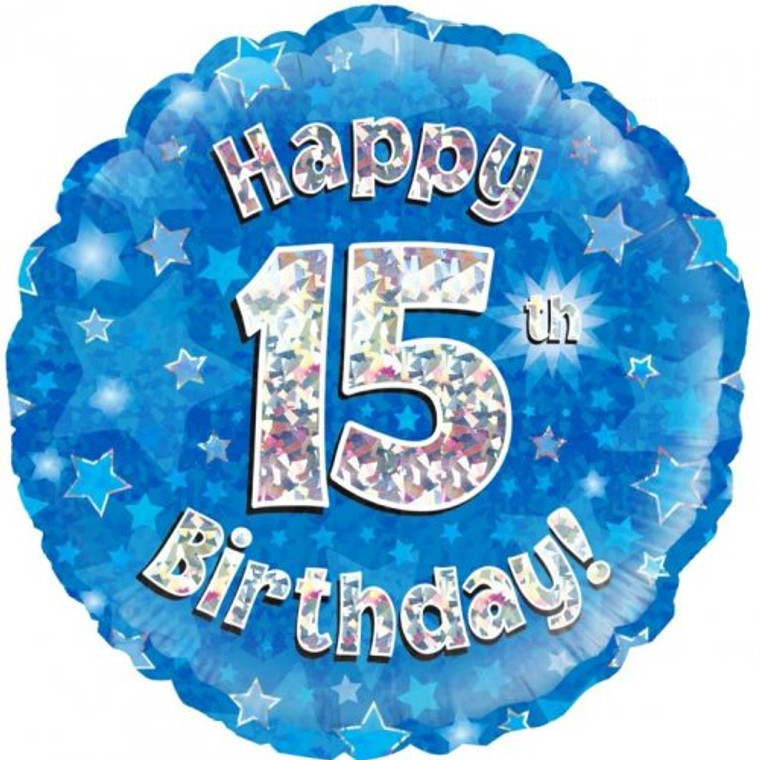Foil Balloon 18" Blue Holographic Happy Birthday 15TH