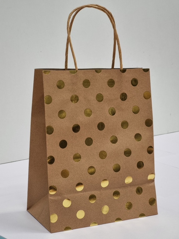 Brown Kraft and Gold Foil Dot Paper Gift Bag 1pc 23cm