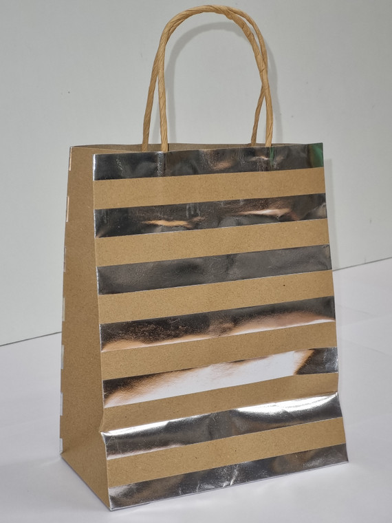 Brown Kraft and Silver Striped Paper Gift Bag 1pc 23cm