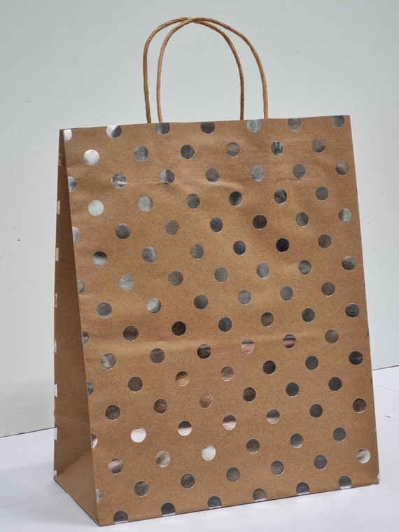 Large Brown Kraft and Silver Foil Dot Paper Bag 1pc 32.5cm