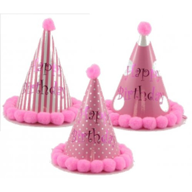 PomPom Hats Happy Birthday 200mm Pink Assorted PK1