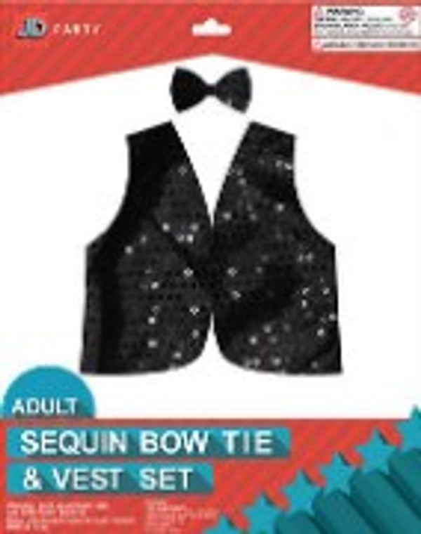 Adult Sequin Bow Tie & Vest Set Black