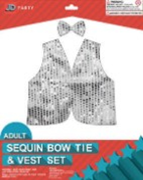 Adult Sequin Bow Tie & Vest Set Silver