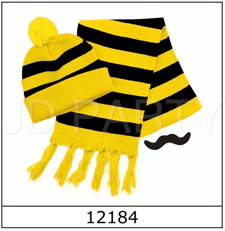 W Black & Yellow Beanie & Scarf Set with moustache