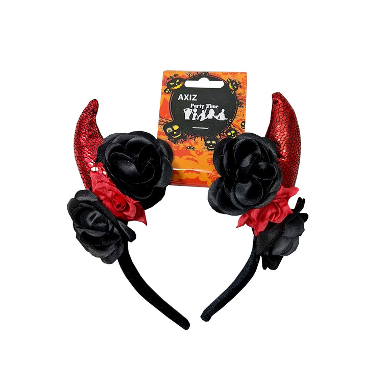 Glitter Devil Headband W/ Black Roses W/ Hang Tag