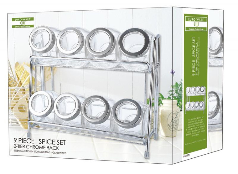 9 Piece Glass Spice Jar Set w/ 2 Tier Rack 6.5oz Each Jar 9 (25cmx 21cm stand)