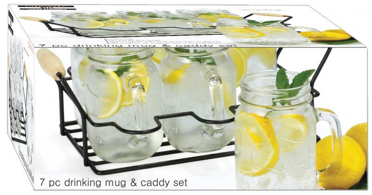 7PC 16oz Glass Mason Jar Mug & Caddy Set