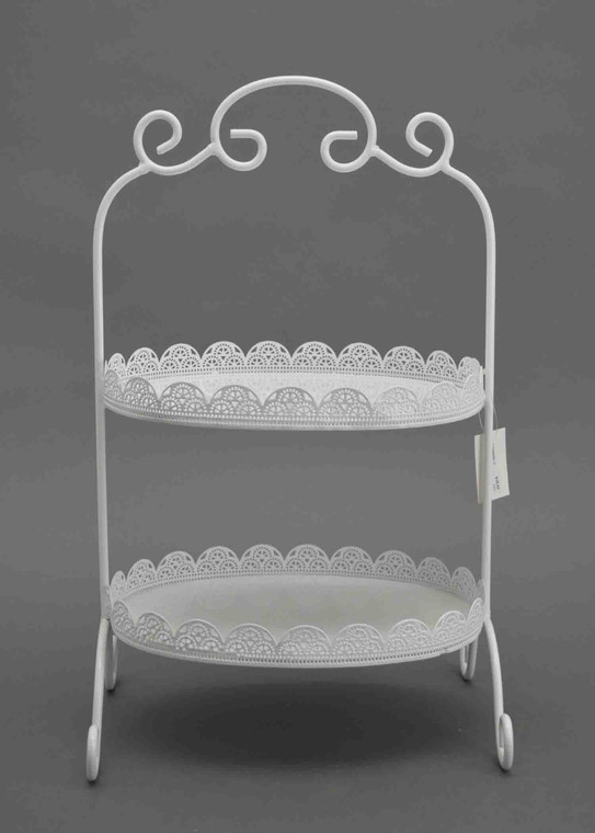 2 Tier White Lace Oval Cake Stand - 27.5cm x 21cm x 45cm