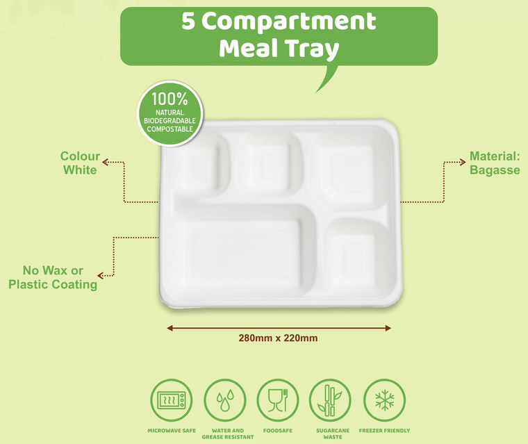 5 Compartment Sugarcane Meal Tray 25pc - 280mm x 220mm