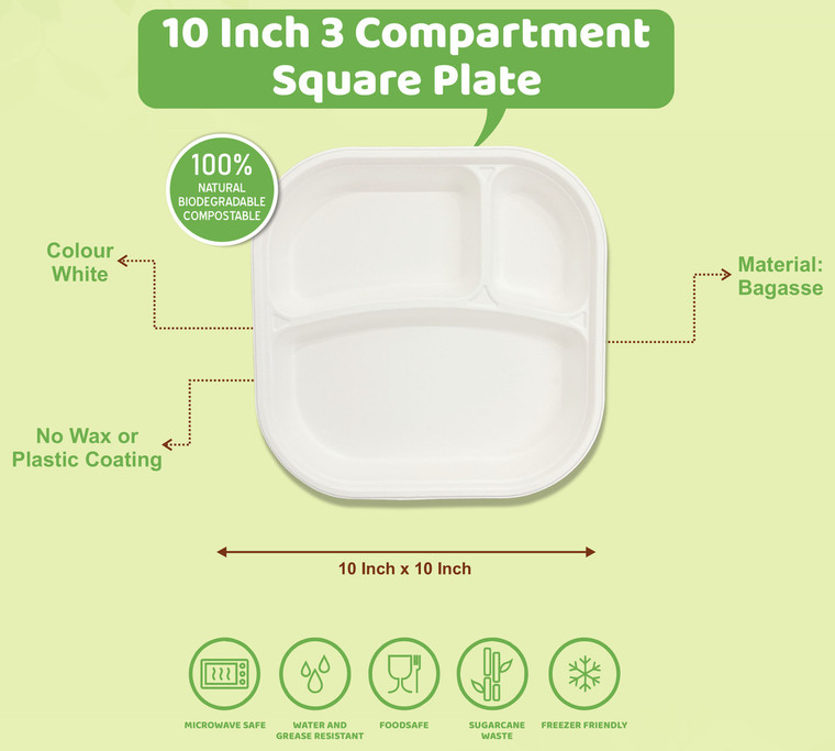 10 inch 3 Compartment Square Sugarcane Plate 25pc
