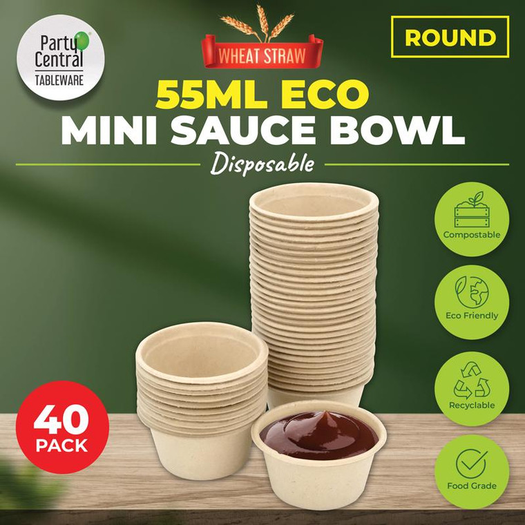 40pk Eco-Friendly Wheat Straw Mini Sauce Bowls 55ml