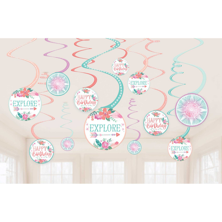 Free Spirit Happy Birthday Spiral Decorations Value Pack 12