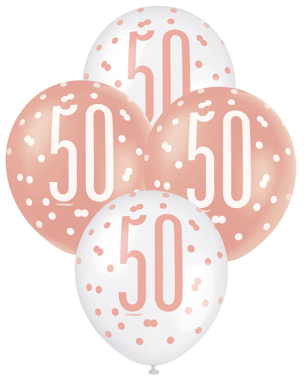 "50" Rose Gold & White Assorted 30cm Balloons 6pk