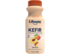 PEACH LOW FAT KEFIR. LIFE WAY. 8 OZ. 12 BOTTLE.