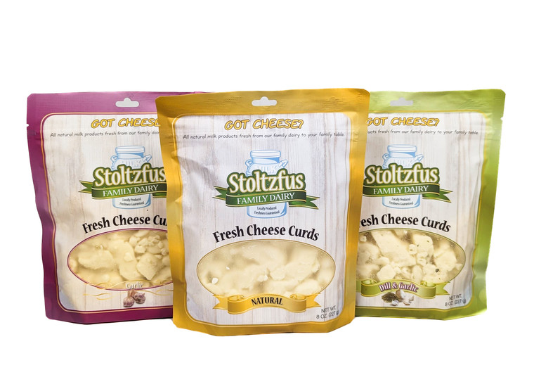 Stoltzfus Dairy - Fresh Curds with Set of 3 Flavors 8 oz - Front View