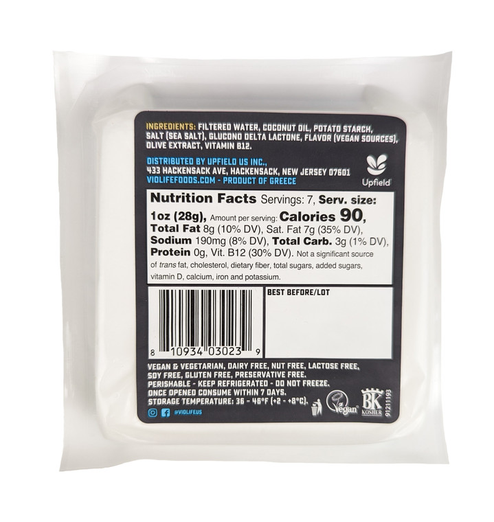 Violife - Just Like Feta - Nutrition Facts - Rear View