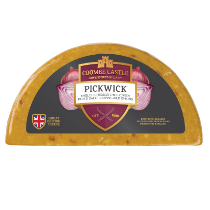 COOMBE CASTLE. PICKWICK CHEDDAR WITH CARAMELIZED ONIONS, ENGLAND. 2.5 LBS