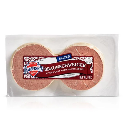 HABBERSETT BRAUNSCHWEIGER LIVERWURST WITH BACON ADDED. 8 OZ