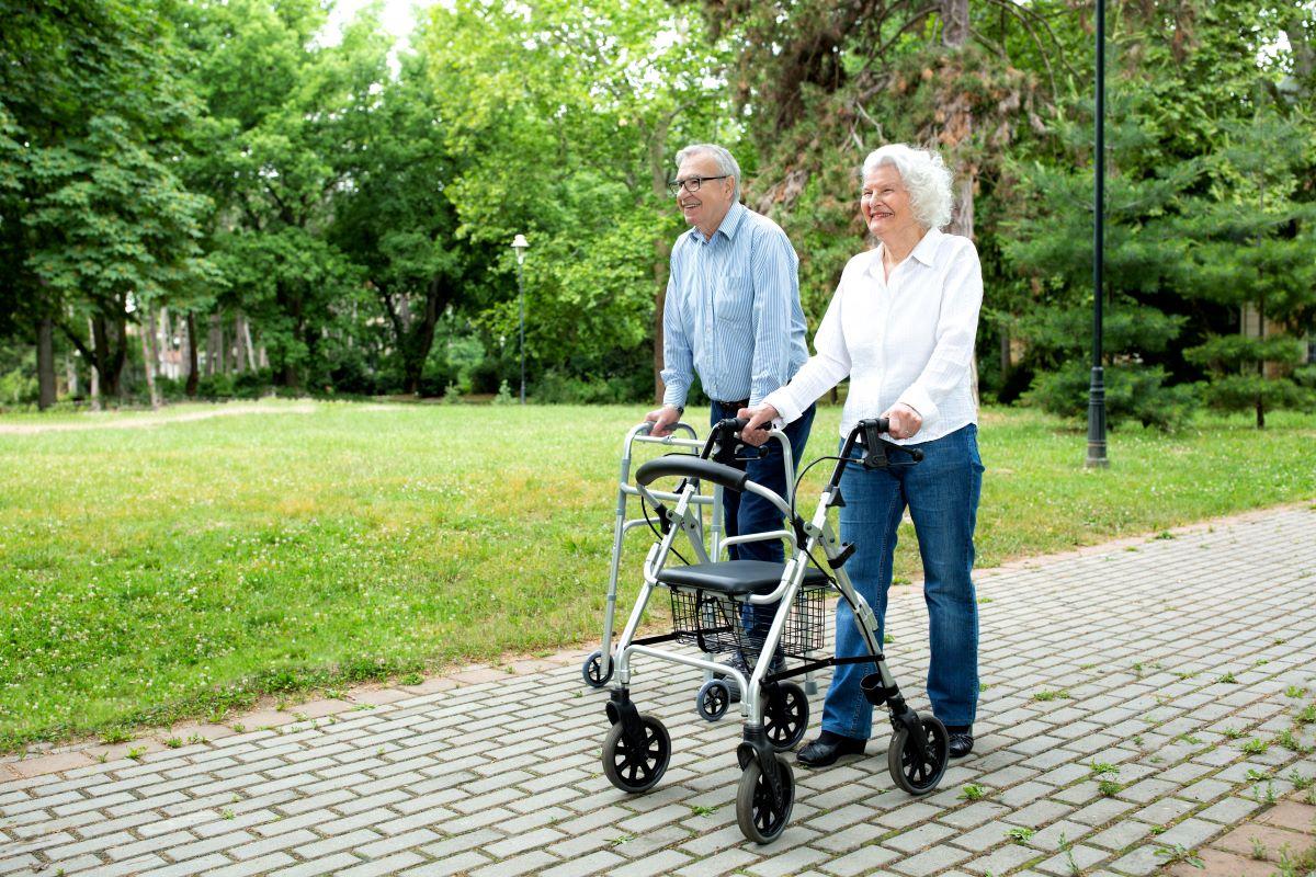 An elderly couple using walkers strolls through a park on a sunny day.