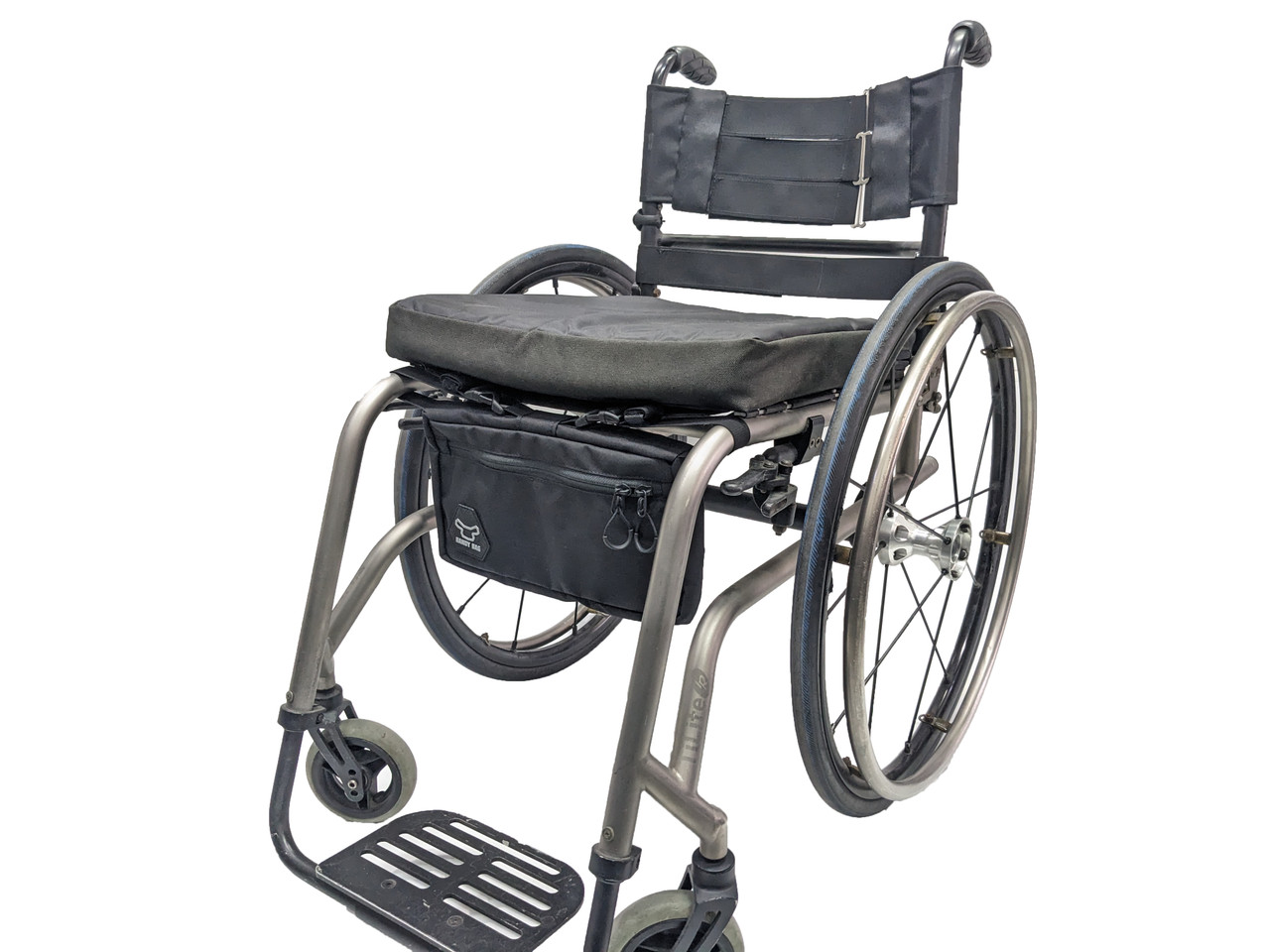 Wheelchair under seat pouch on wheelchair