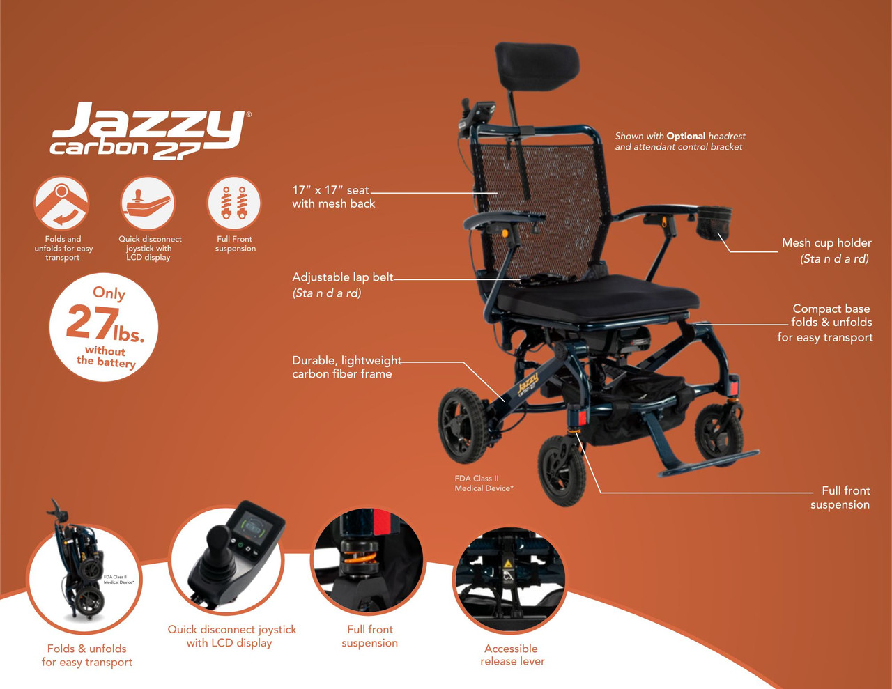 Jazzy Carbon 27 Lightweight Folding Power Wheelchair, by Pride