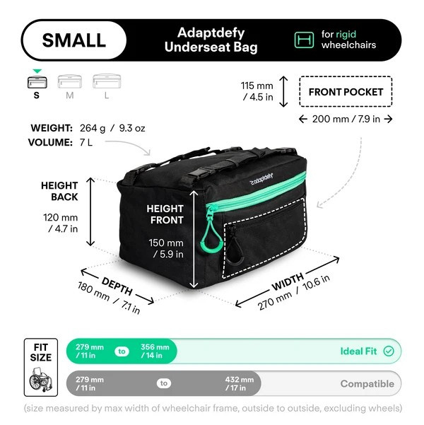 Adaptdefy Underseat Bag for Rigid Wheelchairs Small