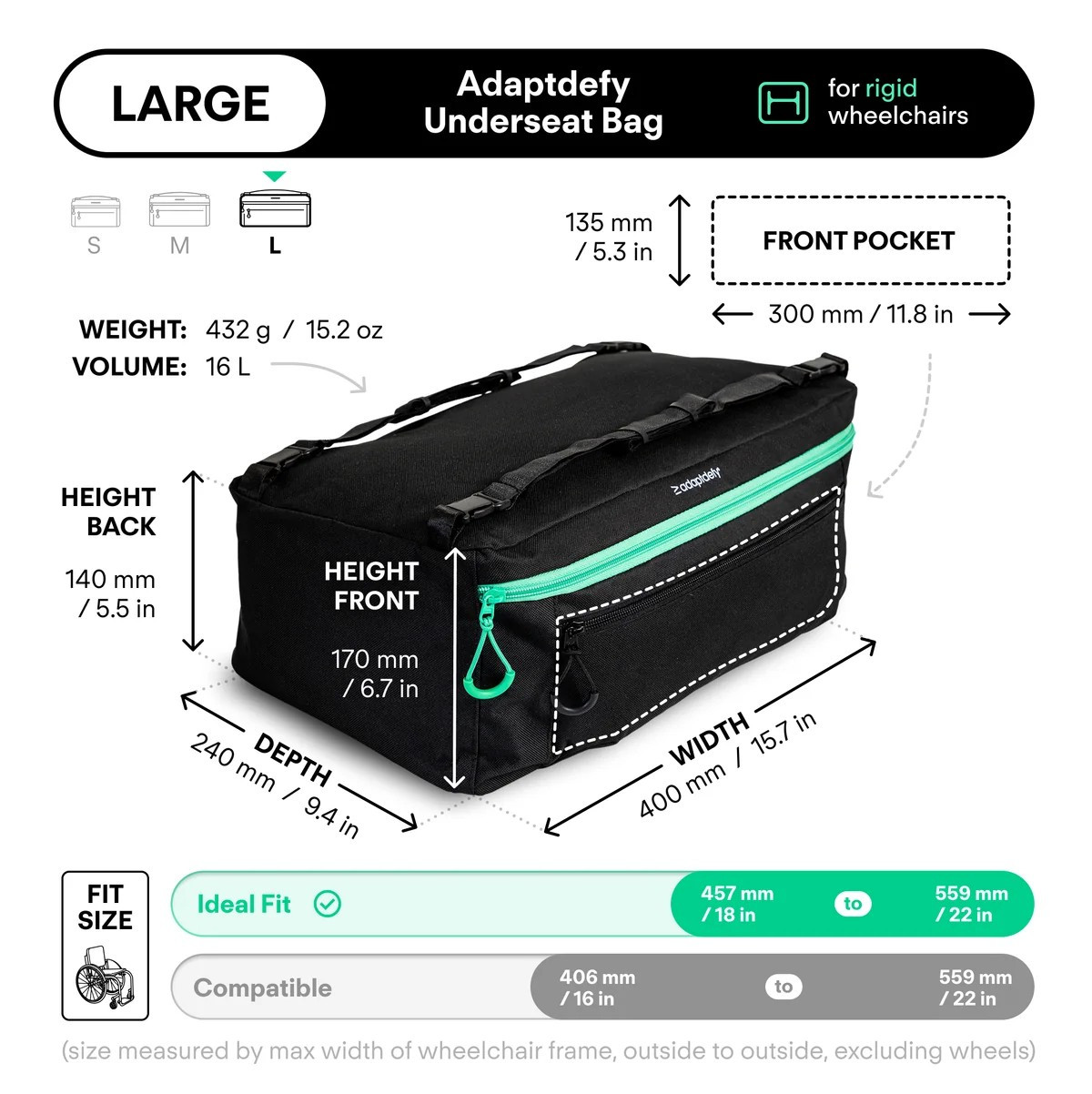 Adaptdefy Underseat Bag for Rigid Wheelchairs Large