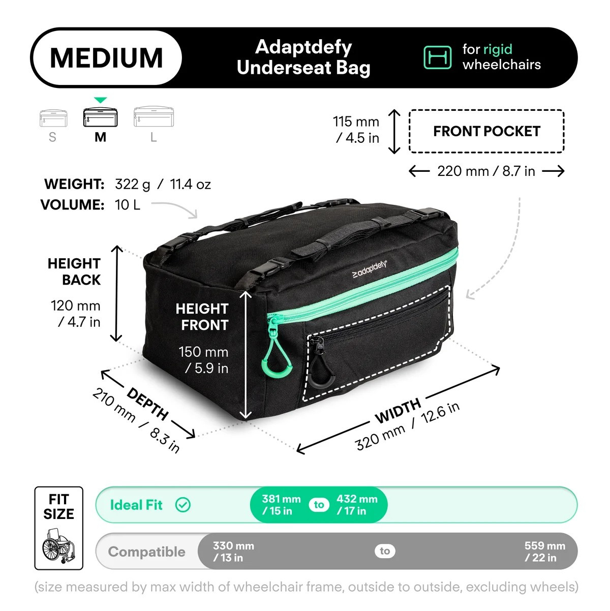 Adaptdefy Underseat Bag for Rigid Wheelchairs Medium