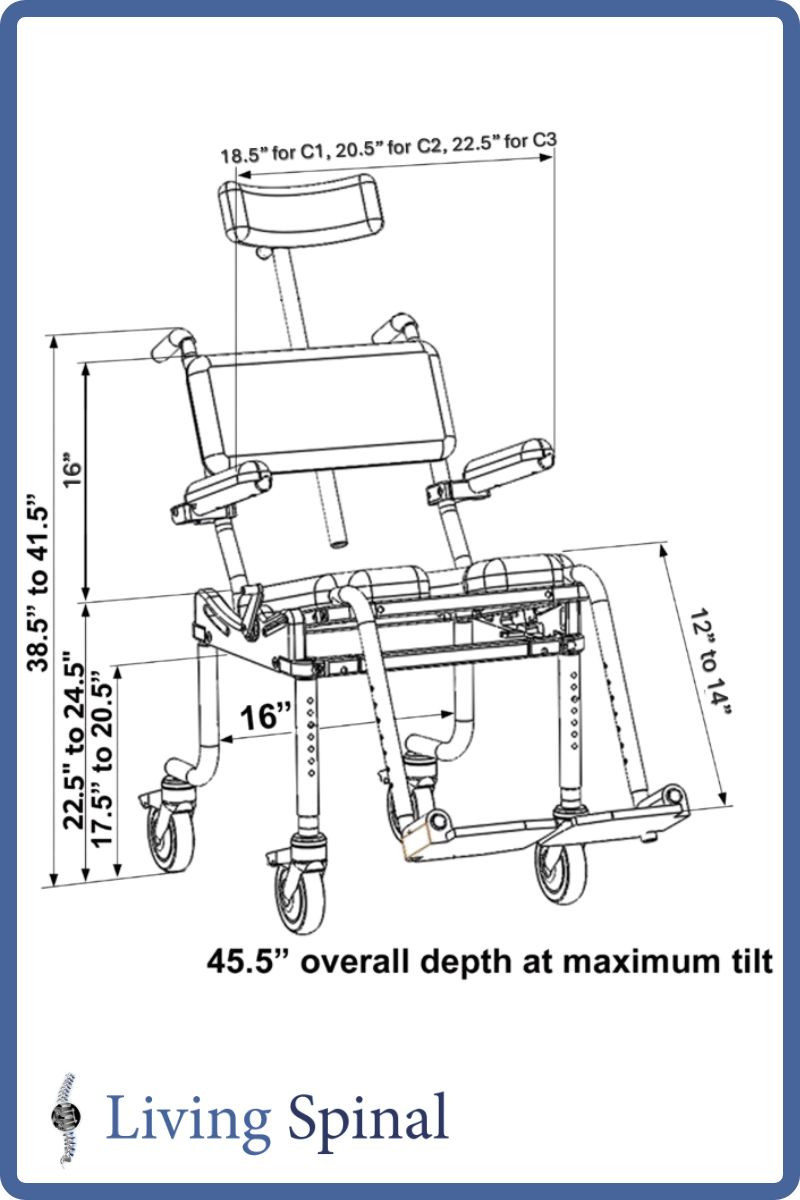 Nuprodx MC4000Tilt Pediatric Shower Commode Chair Product Measurement Living Spinal