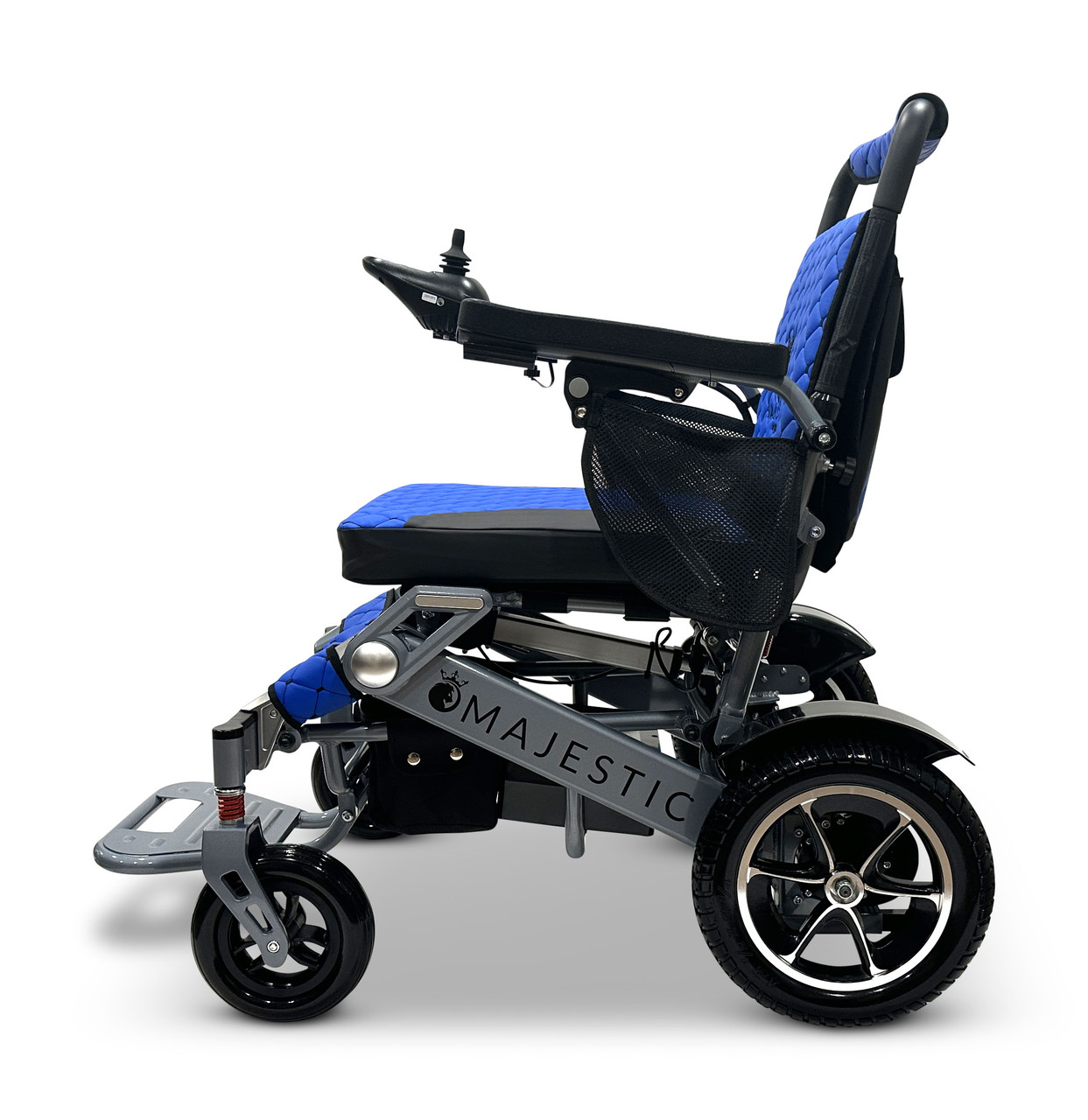 MAJESTIC IQ-7000 Auto Folding Remote Controlled Electric Wheelchair Silver Frame Blue Textile