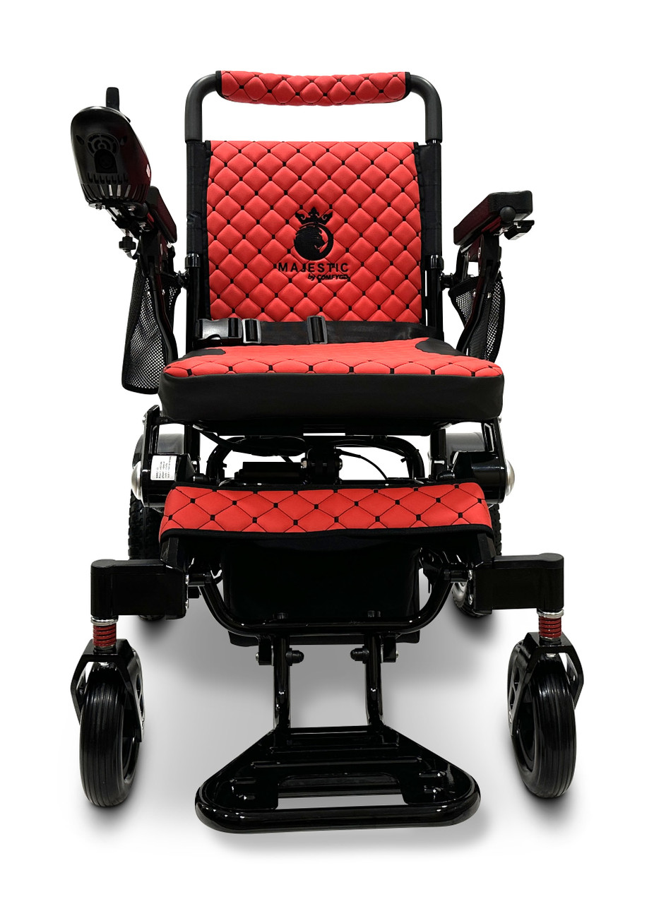 MAJESTIC IQ-7000 Auto Folding Remote Controlled Electric Wheelchair Black Frame Red Textile