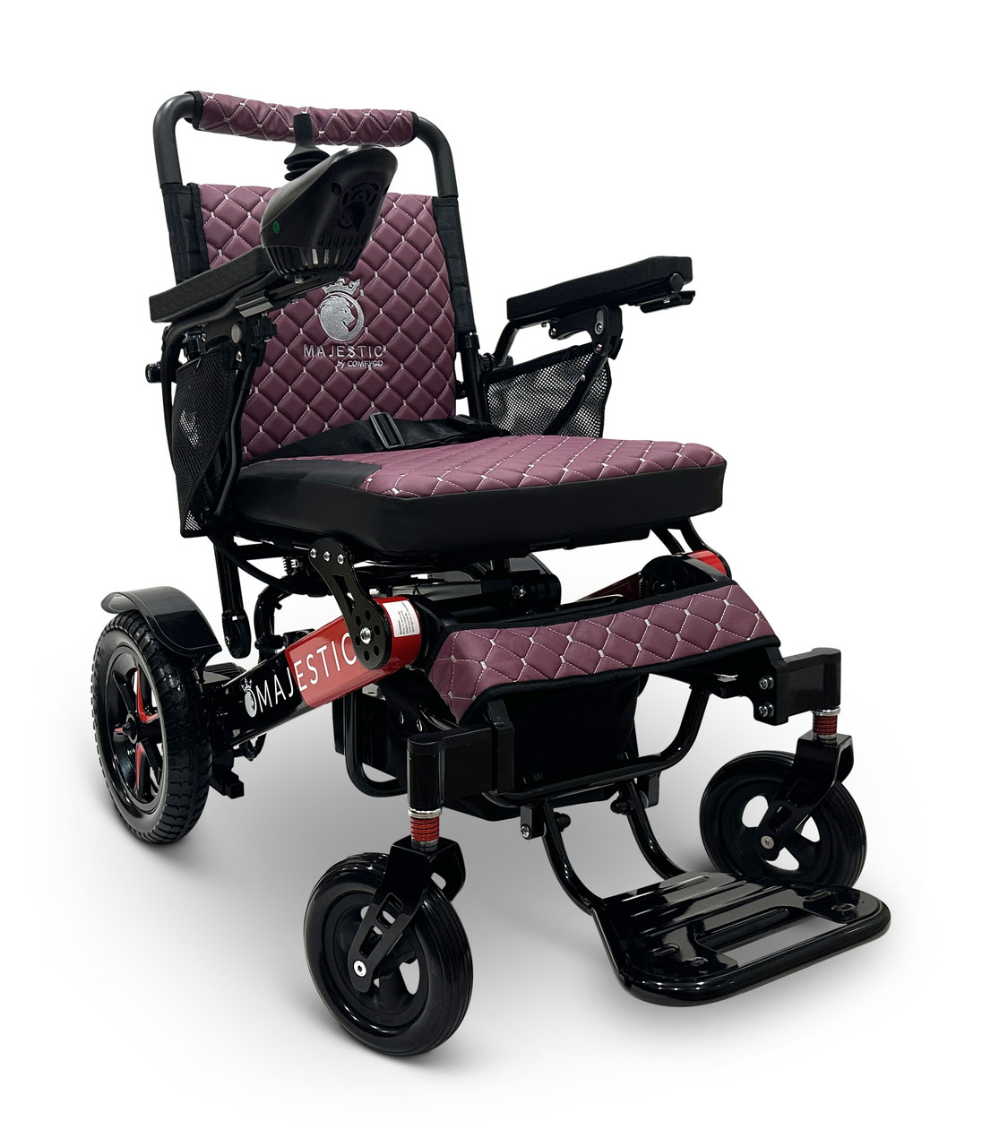 MAJESTIC IQ-7000 Auto Folding Remote Controlled Electric Wheelchair Black & Red Frame Purple Textile