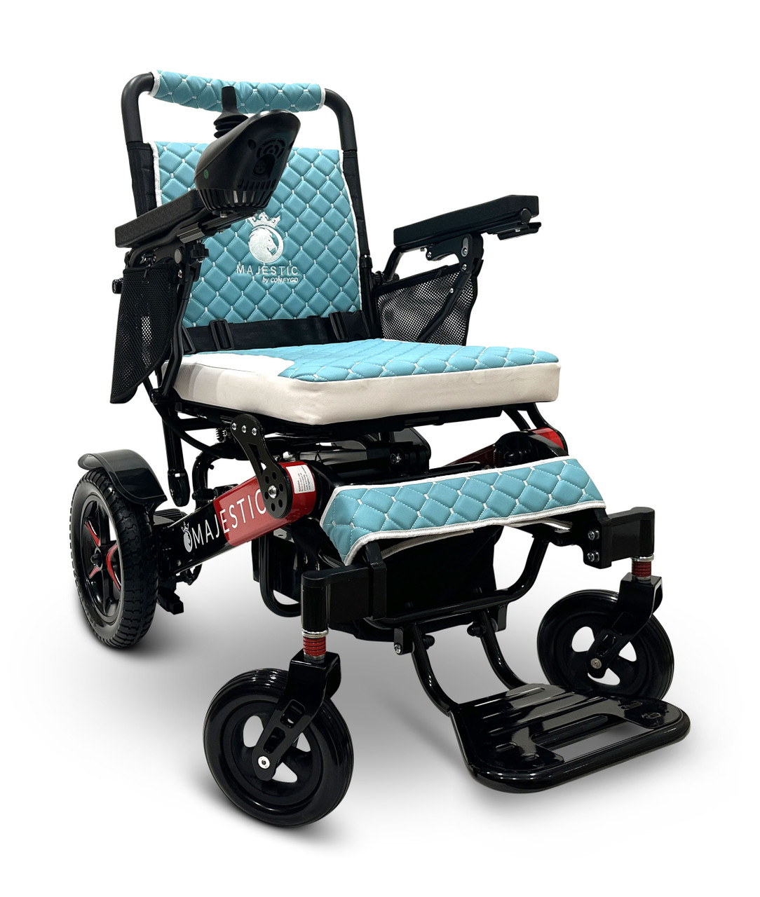 MAJESTIC IQ-7000 Auto Folding Remote Controlled Electric Wheelchair Black & Red Frame Teal Textile