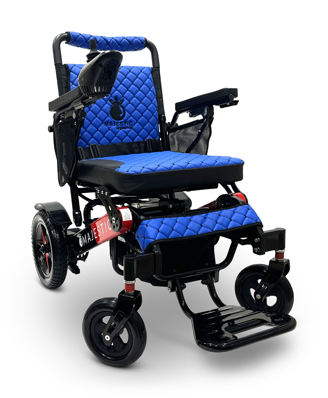 MAJESTIC IQ-7000 Auto Folding Remote Controlled Electric Wheelchair Black & Red Frame Blue Textile