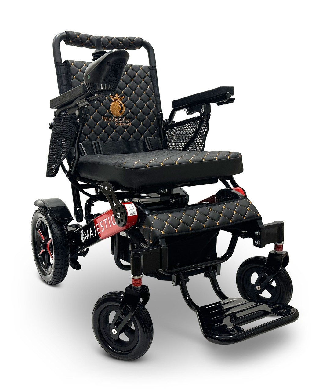 MAJESTIC IQ-7000 Auto Folding Remote Controlled Electric Wheelchair Black & Red Frame Black Textile