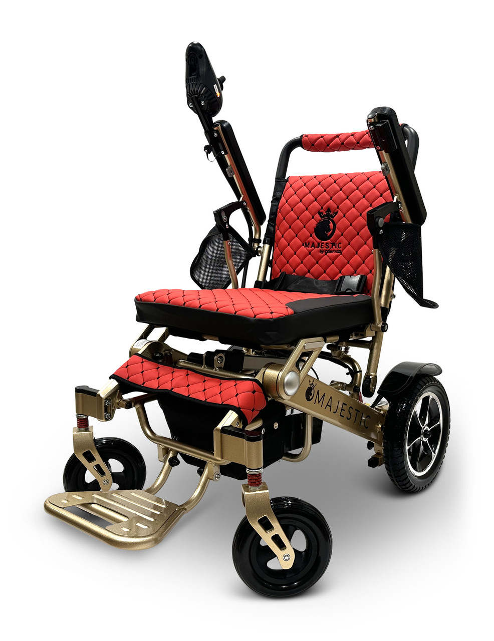 MAJESTIC IQ-7000 Auto Folding Remote Controlled Electric Wheelchair Bronze Frame Red Textile