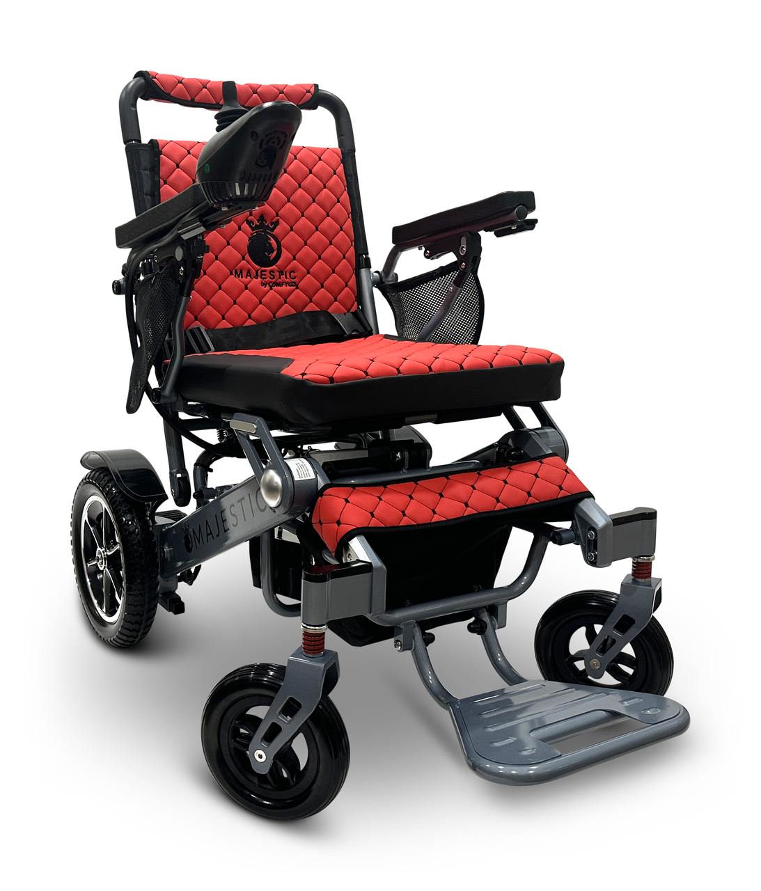 MAJESTIC IQ-7000 Auto Folding Remote Controlled Electric Wheelchair Silver Frame Red Textile