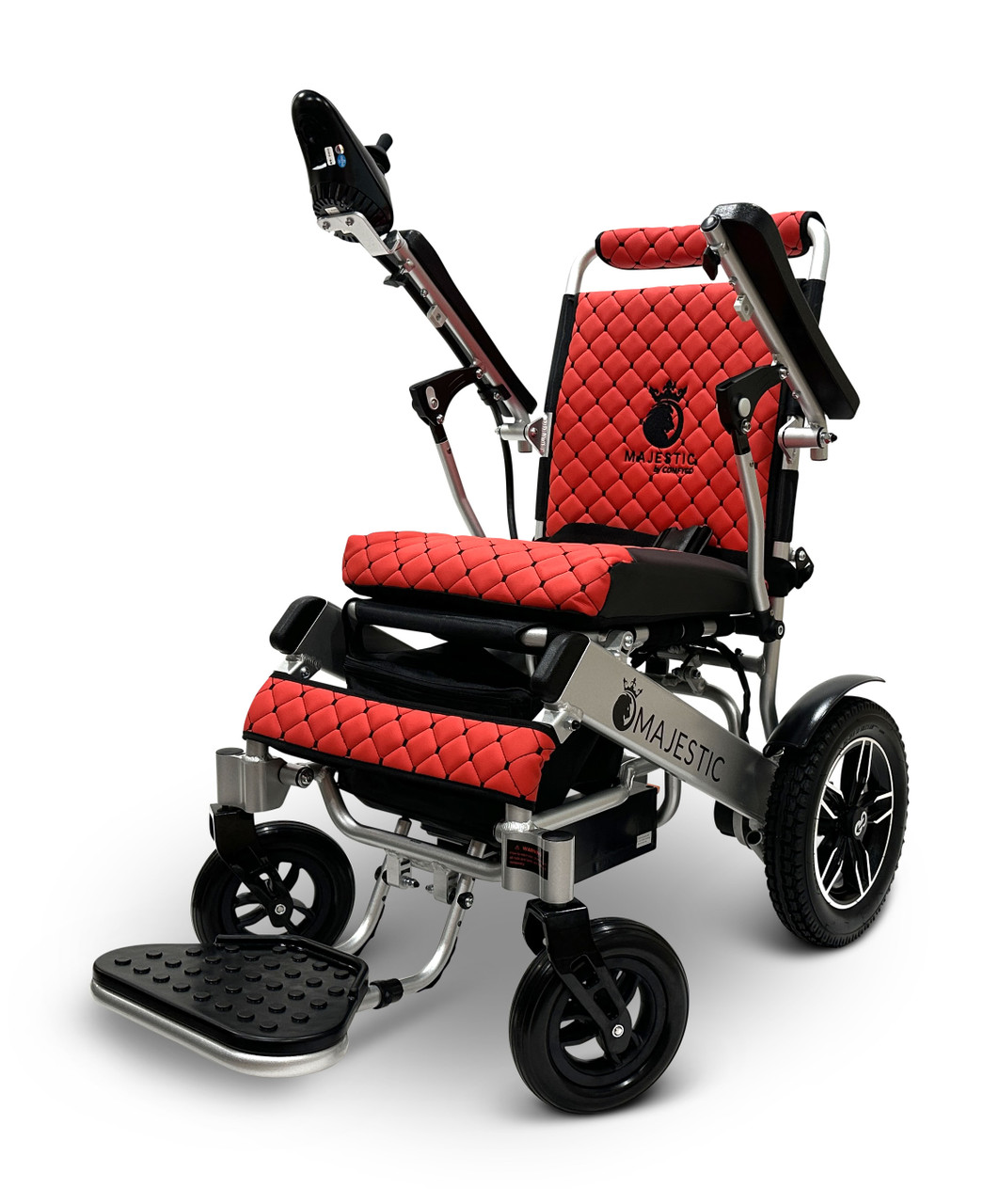 MAJESTIC IQ-8000 Remote Controlled Lightweight Electric Wheelchair Silver Frame Red Textile