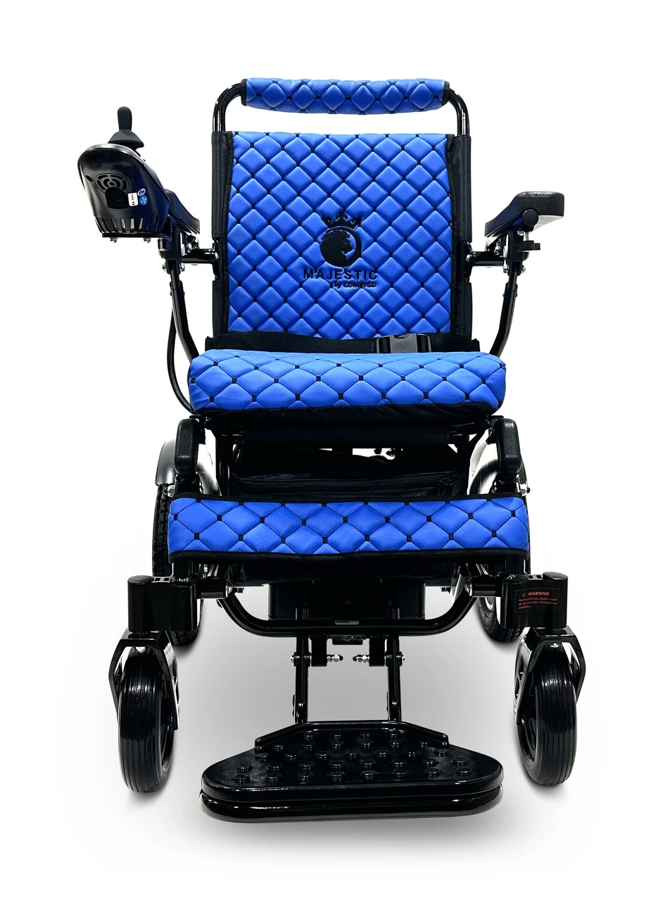 MAJESTIC IQ-8000 Remote Controlled Lightweight Electric Wheelchair Black Frame Blue Textile
