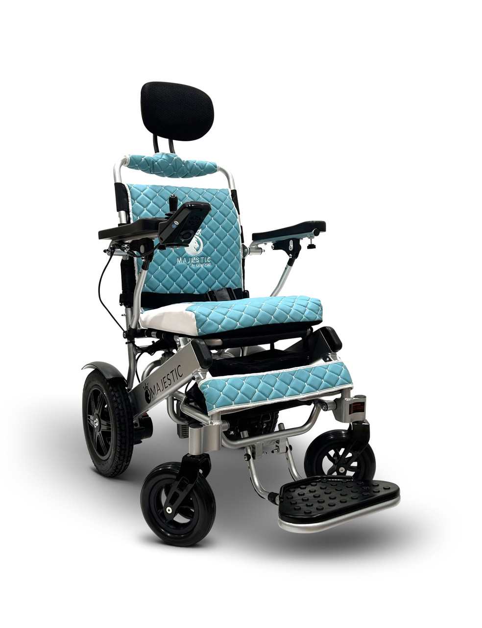 MAJESTIC IQ-9000 Auto Recline Remote Controlled Electric Wheelchair Silver Frame Teal Textile