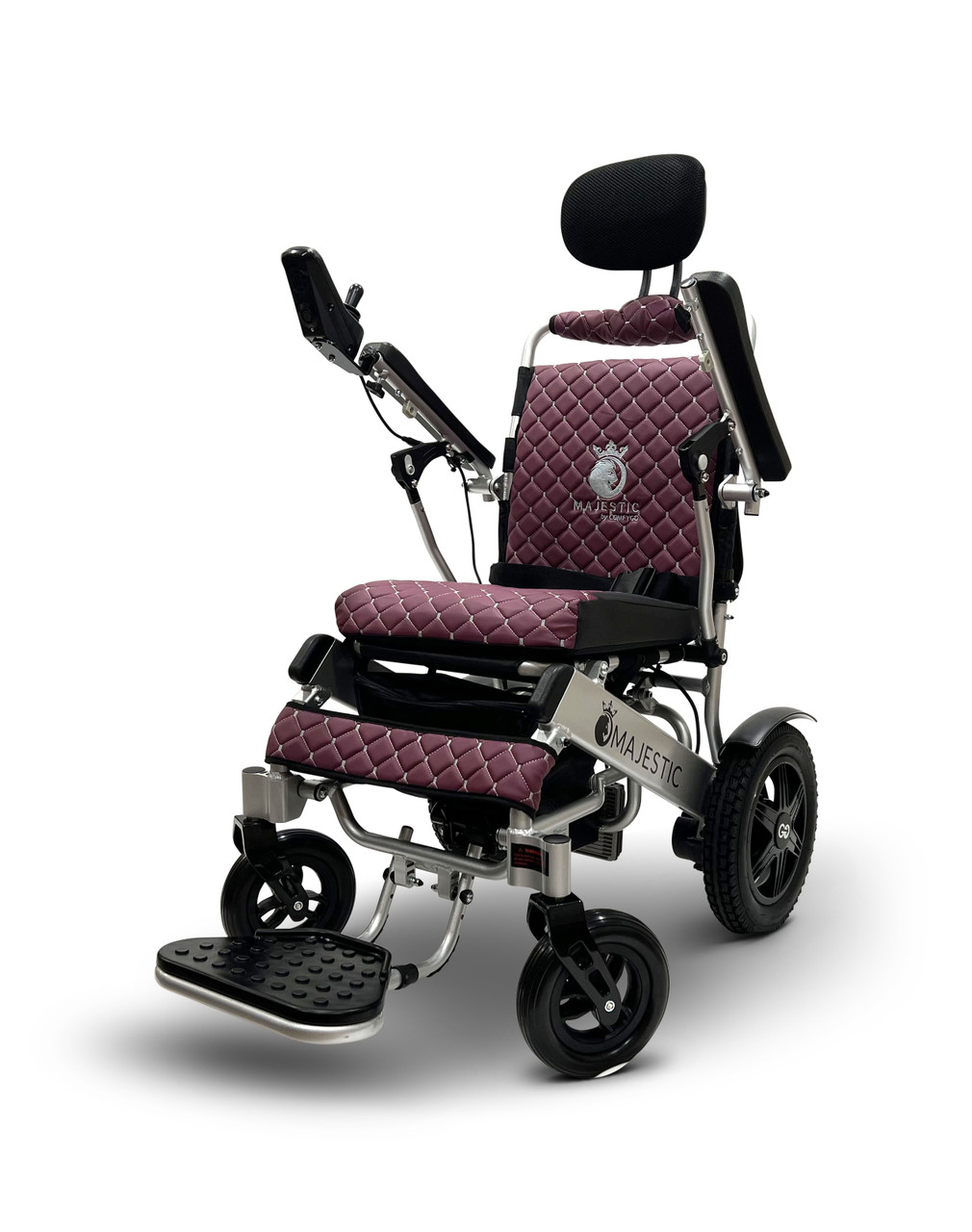 MAJESTIC IQ-9000 Auto Recline Remote Controlled Electric Wheelchair Silver Frame Purple Textile