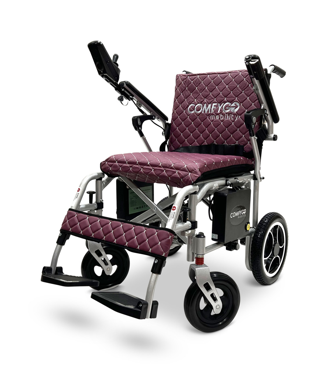 X-7 Ultra Lightweight Foldable Electric Wheelchair, by ComfyGO Silver Frame Purple Textile
