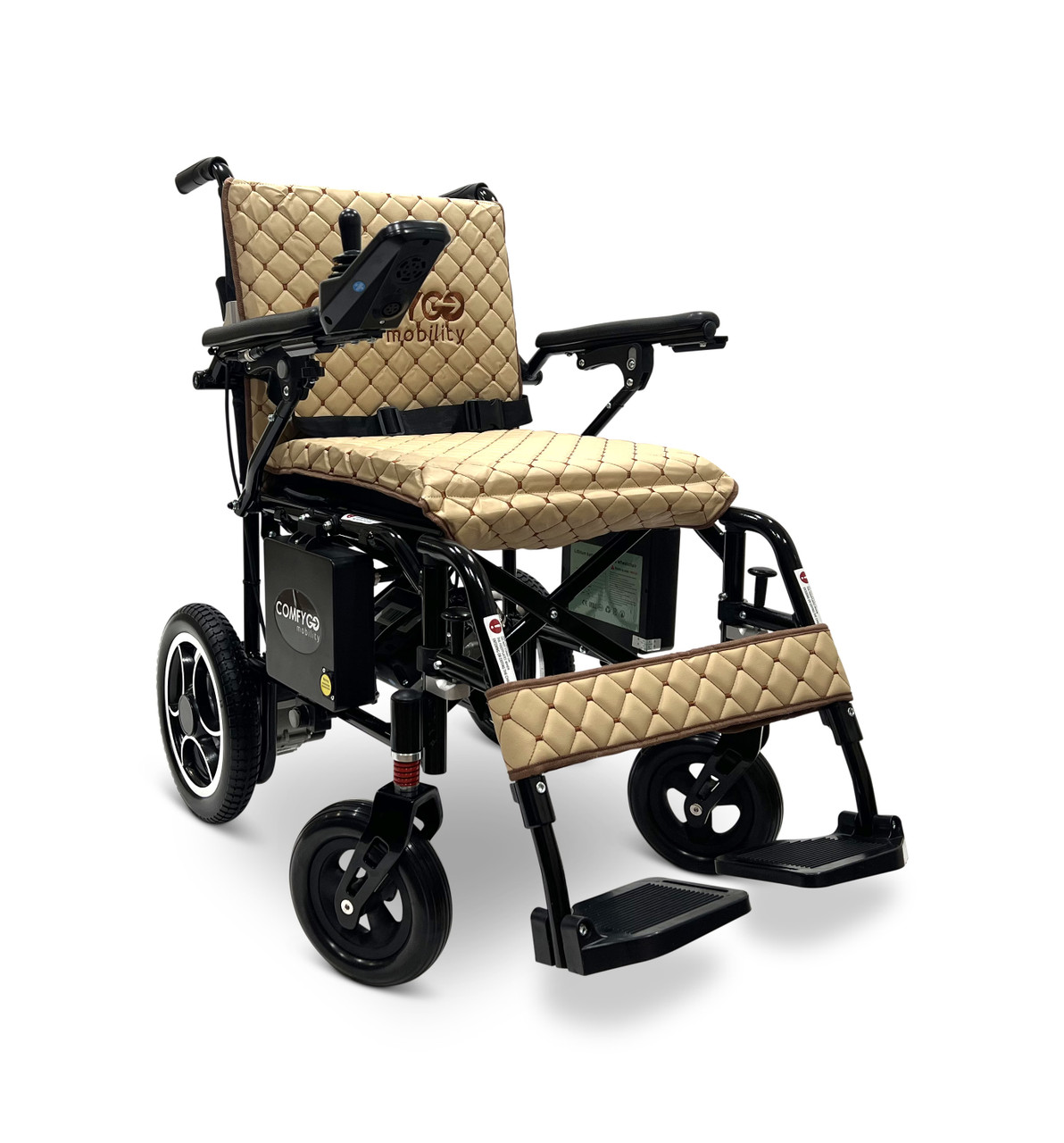 X-7 Ultra Lightweight Foldable Electric Wheelchair, by ComfyGO Black Frame Coffee Textile