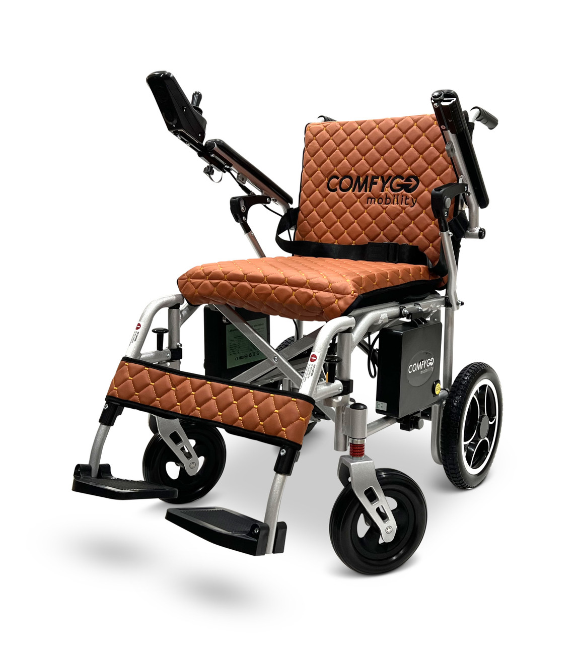 X-7 Ultra Lightweight Foldable Electric Wheelchair, by ComfyGO Silver Frame Taba Textile