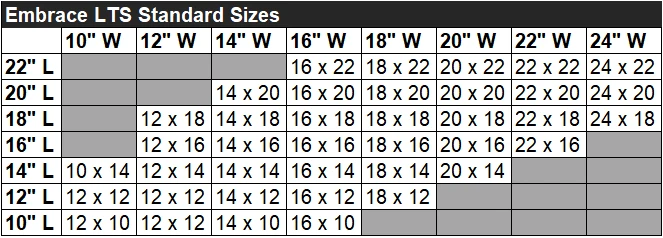Comfort Embrace LTS Sizing Chart
