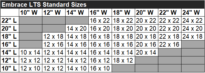Comfort Embrace LTS Sizing Chart