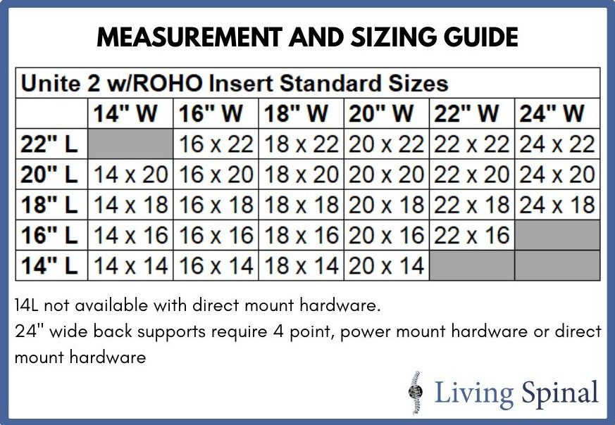 Comfort Unite 2 with ROHO Insert Back Support Product Size Guide