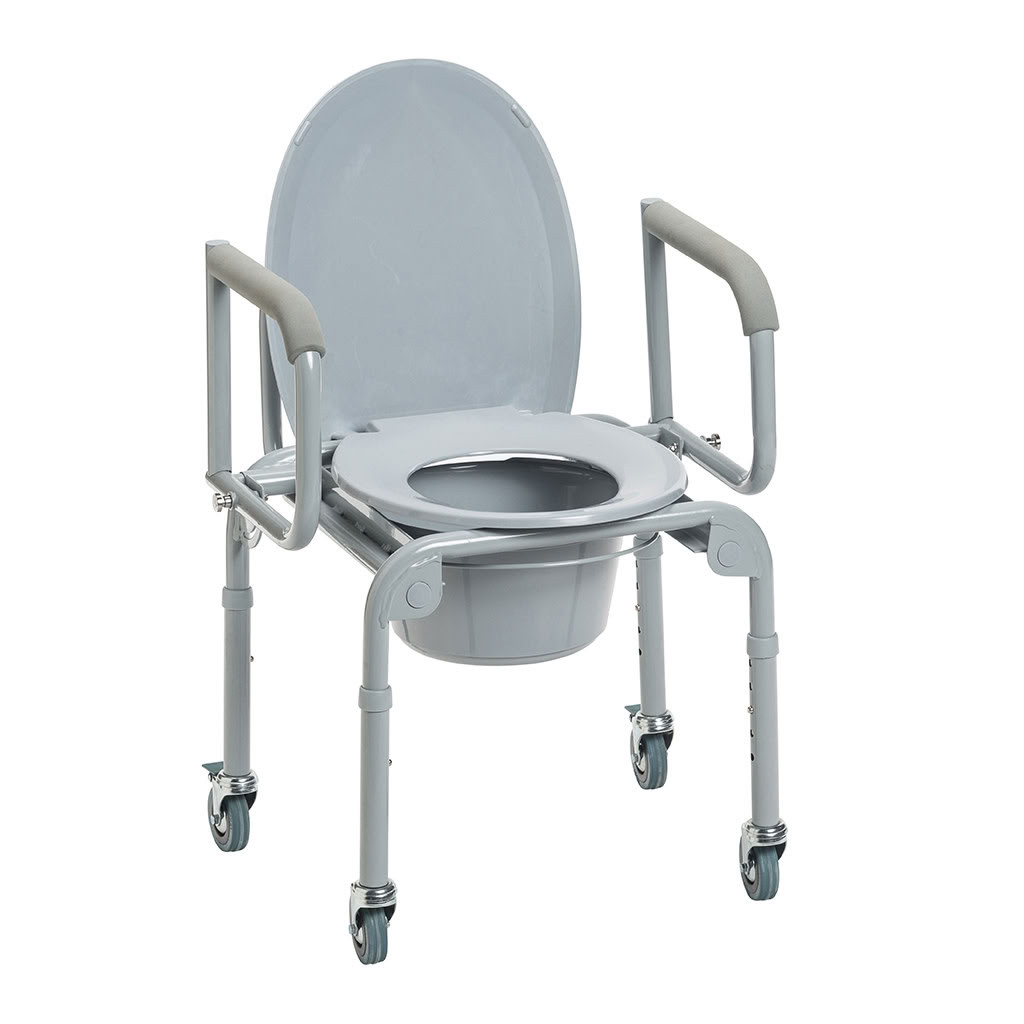 Steel Drop-Arm Commode with Wheels and Padded Armrests Main Image