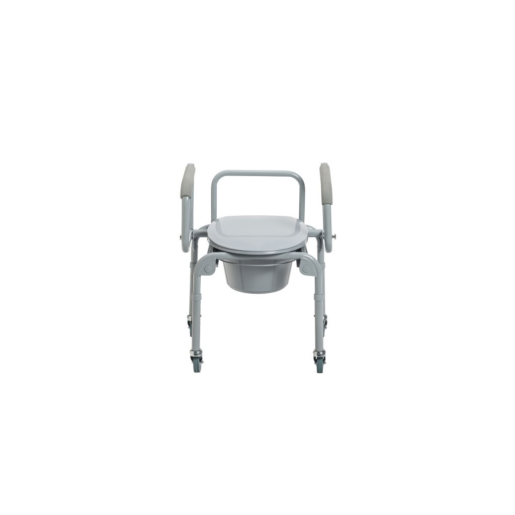 Steel Drop-Arm Commode with Wheels and Padded Armrests Closed Lid Front